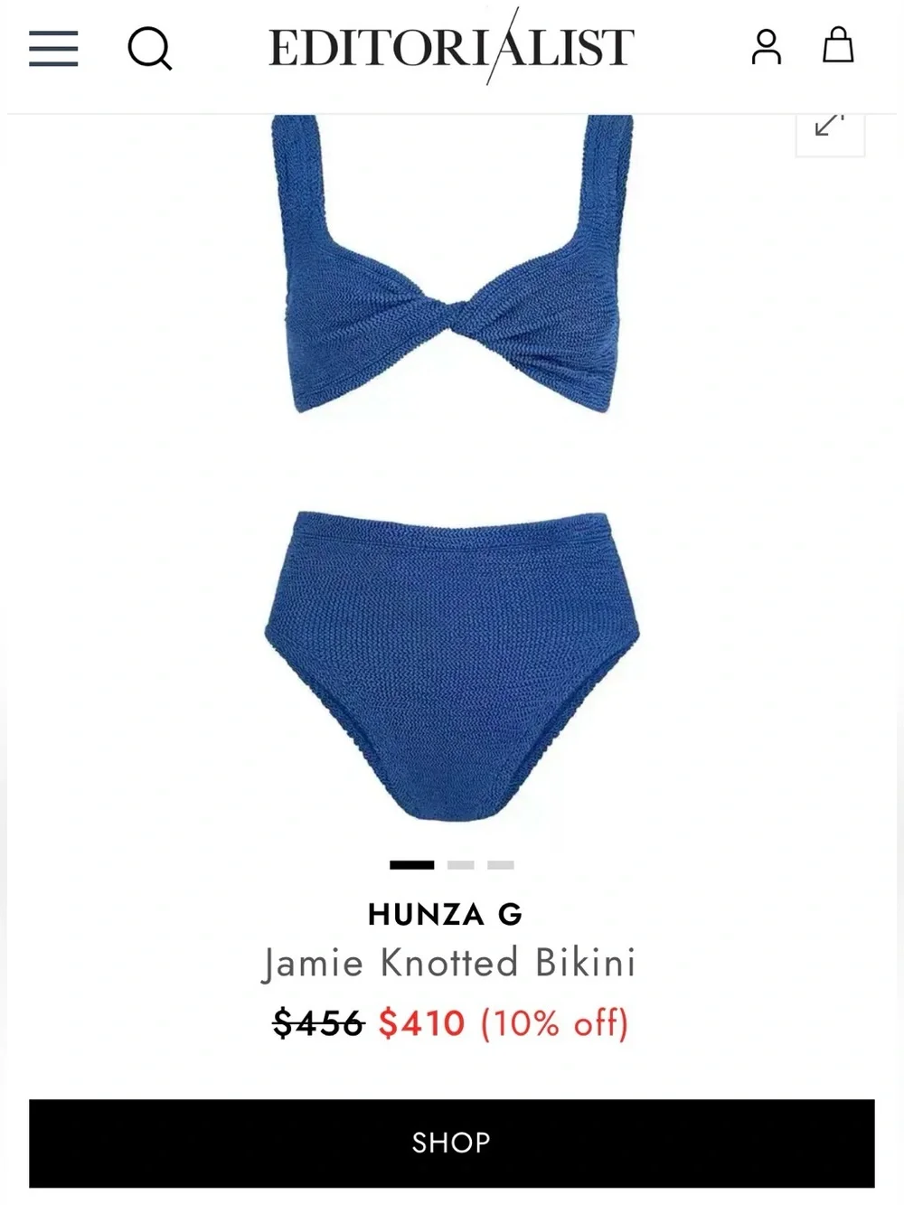 New Hunza G Jamie Textured High-Waisted Bikini in Blue Metallic Denim $456 MSRP